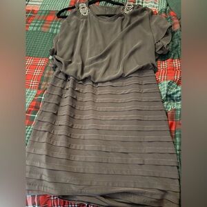 Chic Gray Cocktail Dress with Embellished Shoulders. Size 12.
